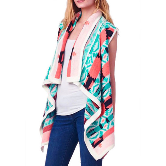 Anthropologie B sharp Aztec Tribal Draped Wrap Swing Cardigan Size SM Sleeveless - Picture 8 of 11